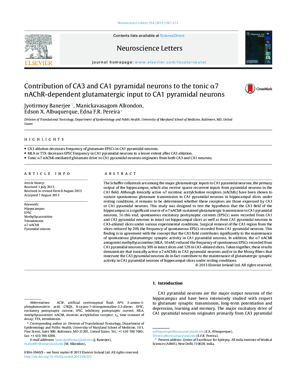 Contribution of CA3 and CA1 pyramidal neurons to the tonic α7 nAChR-dependent glutamatergic input to CA1 pyramidal neurons