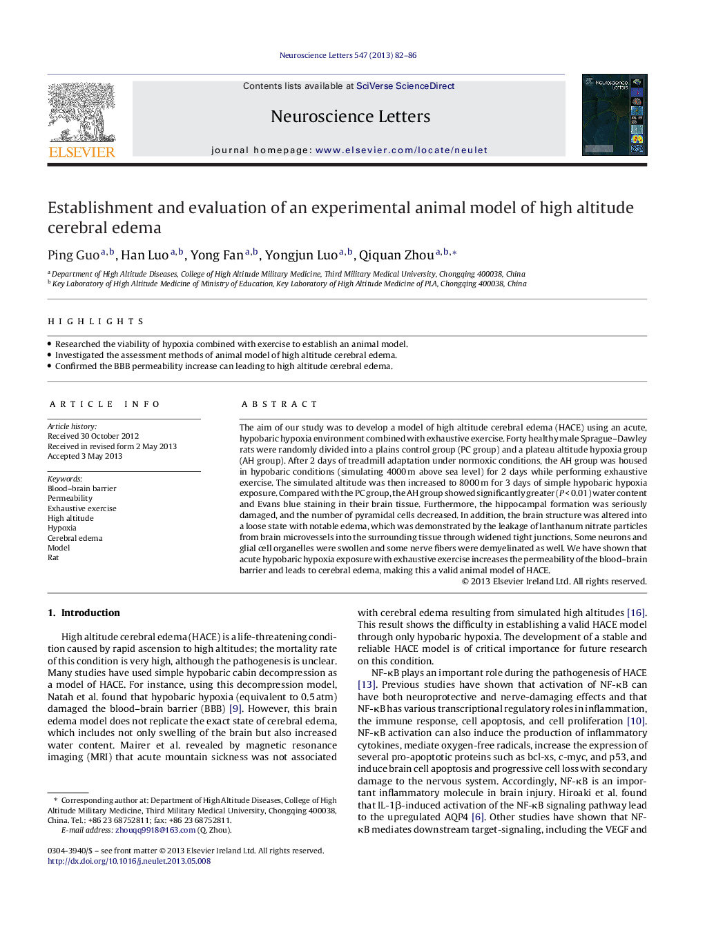 Establishment and evaluation of an experimental animal model of high altitude cerebral edema