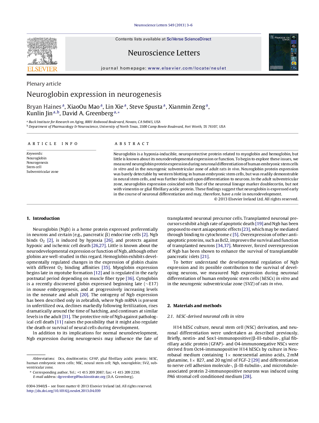 Neuroglobin expression in neurogenesis