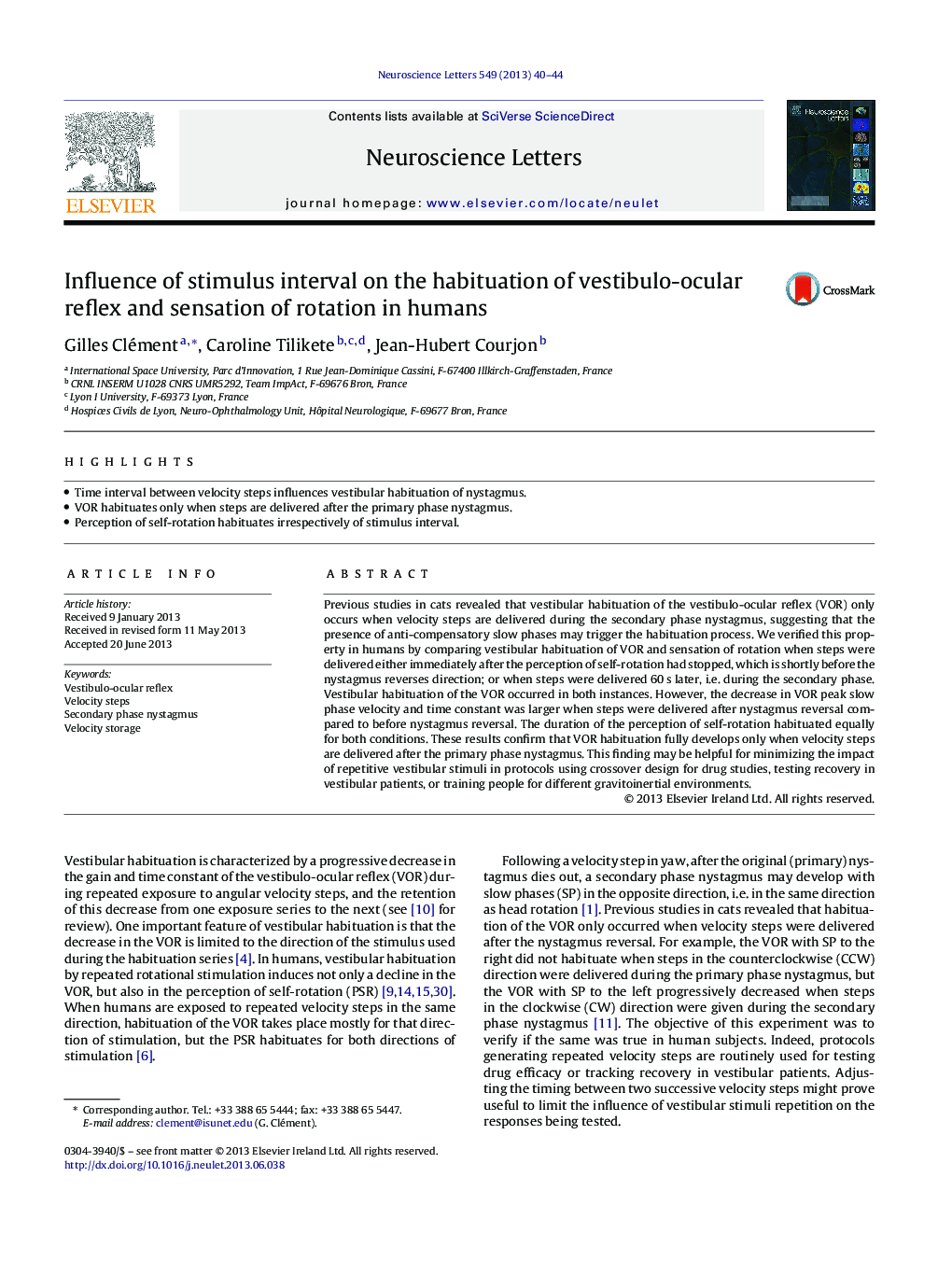 Influence of stimulus interval on the habituation of vestibulo-ocular reflex and sensation of rotation in humans