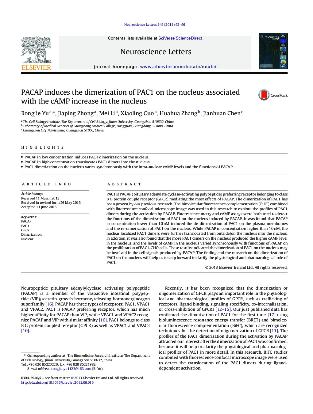 PACAP induces the dimerization of PAC1 on the nucleus associated with the cAMP increase in the nucleus