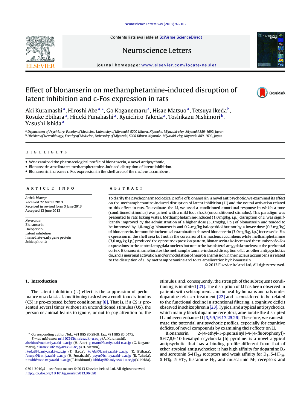 Effect of blonanserin on methamphetamine-induced disruption of latent inhibition and c-Fos expression in rats