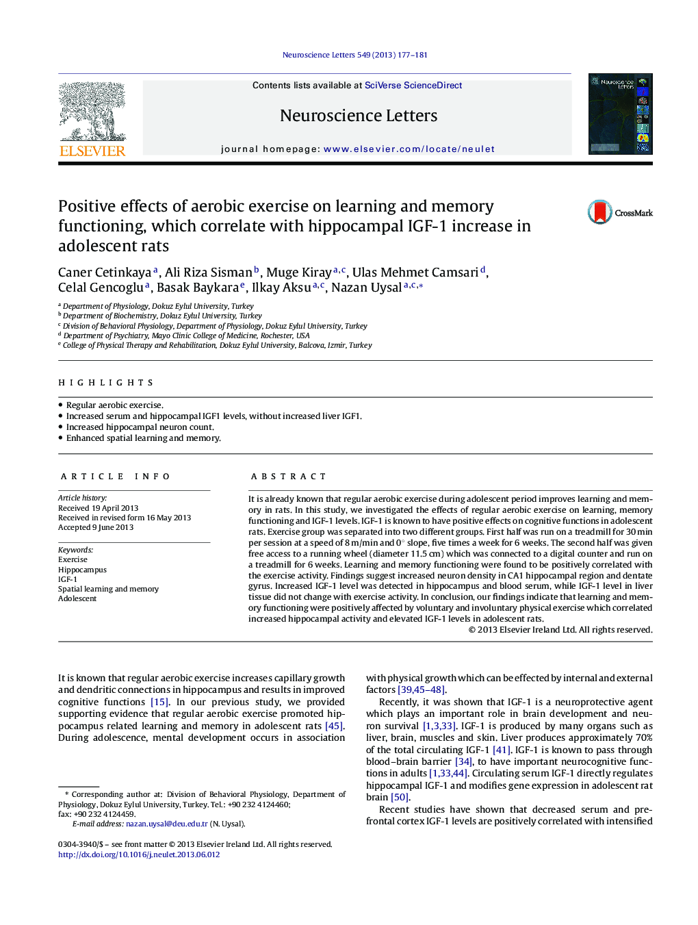 Positive effects of aerobic exercise on learning and memory functioning, which correlate with hippocampal IGF-1 increase in adolescent rats