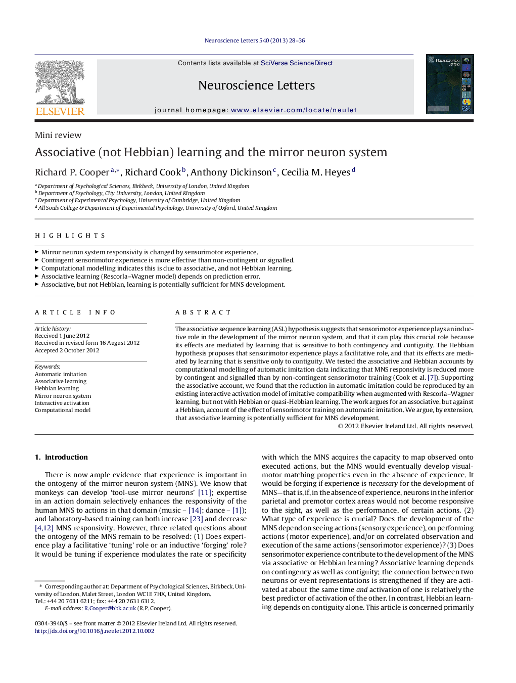 Associative (not Hebbian) learning and the mirror neuron system