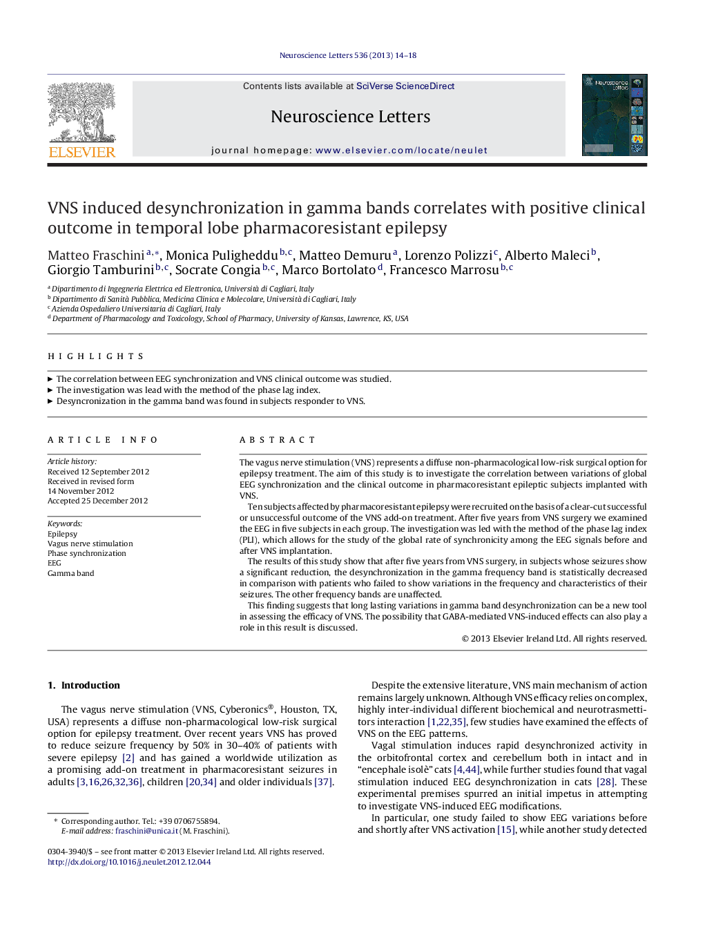 VNS induced desynchronization in gamma bands correlates with positive clinical outcome in temporal lobe pharmacoresistant epilepsy