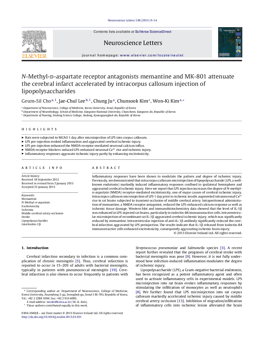 N-Methyl-d-aspartate receptor antagonists memantine and MK-801 attenuate the cerebral infarct accelerated by intracorpus callosum injection of lipopolysaccharides