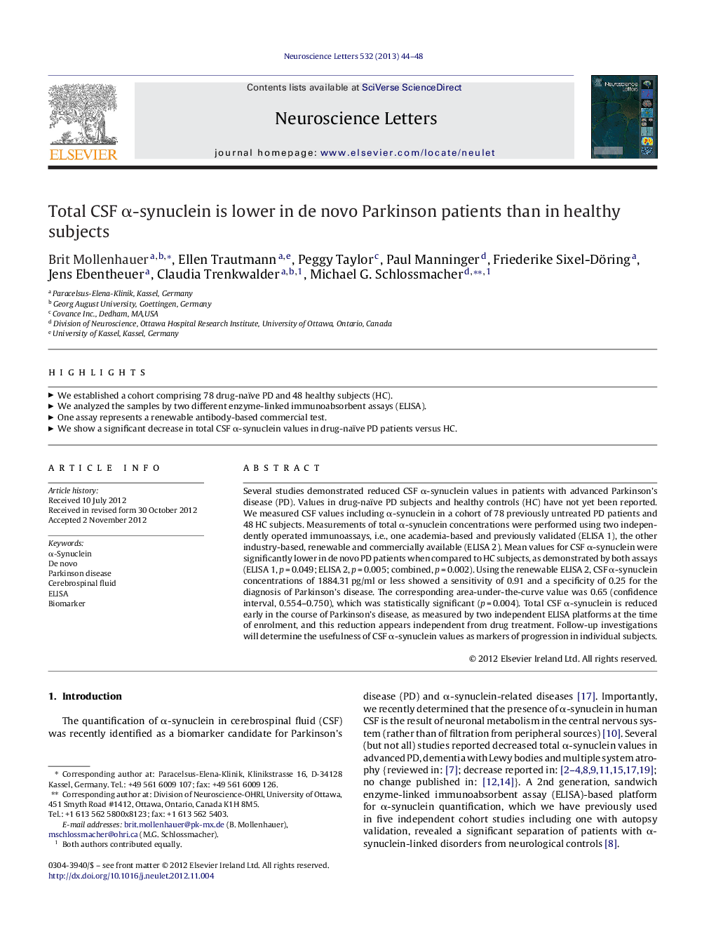 Total CSF α-synuclein is lower in de novo Parkinson patients than in healthy subjects