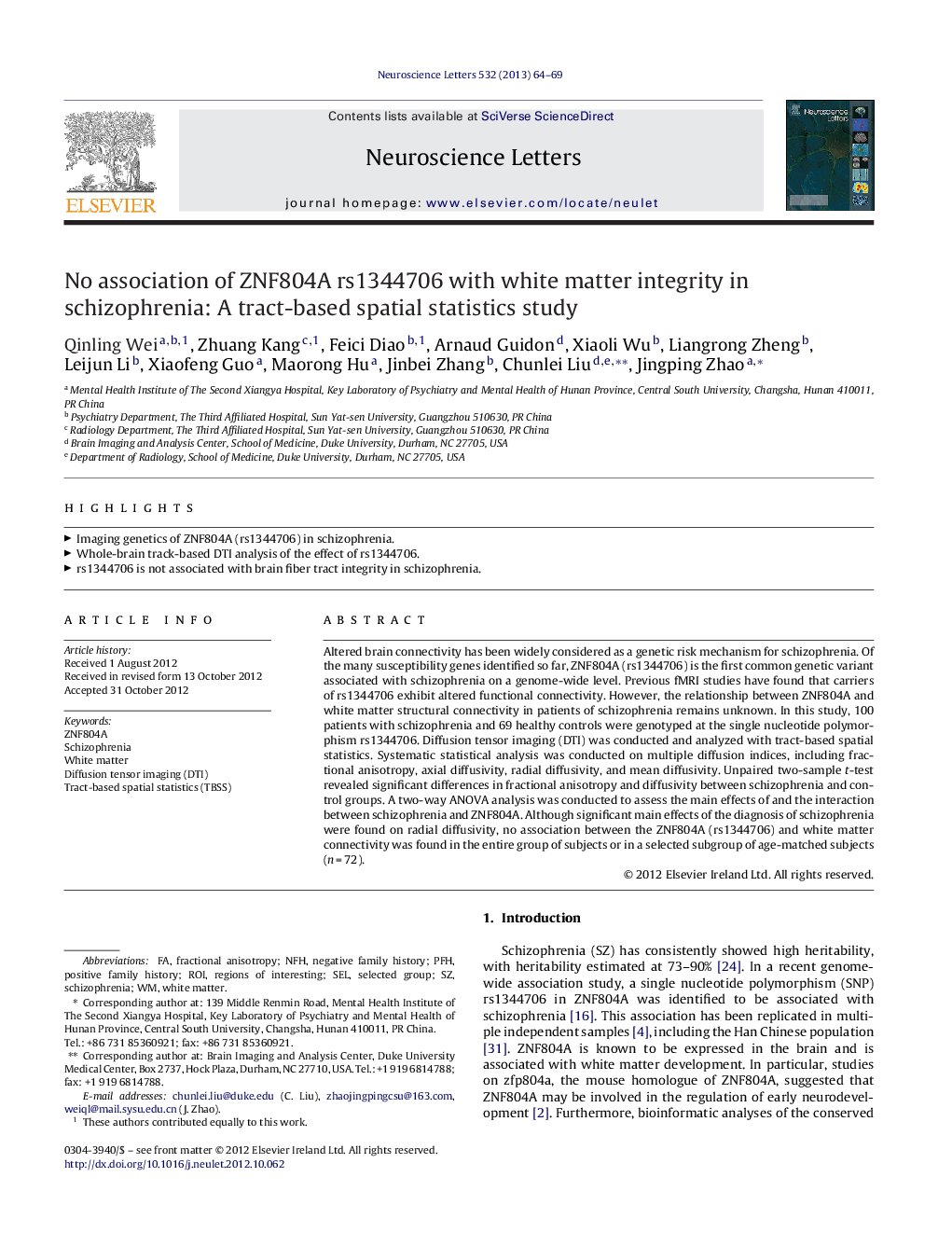 No association of ZNF804A rs1344706 with white matter integrity in schizophrenia: A tract-based spatial statistics study