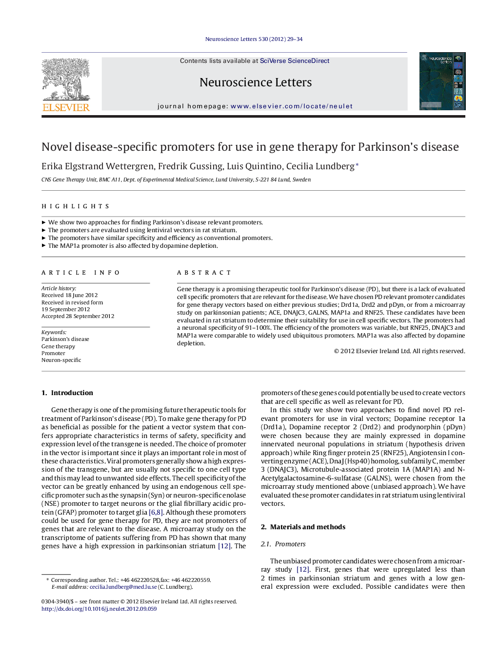 Novel disease-specific promoters for use in gene therapy for Parkinson's disease