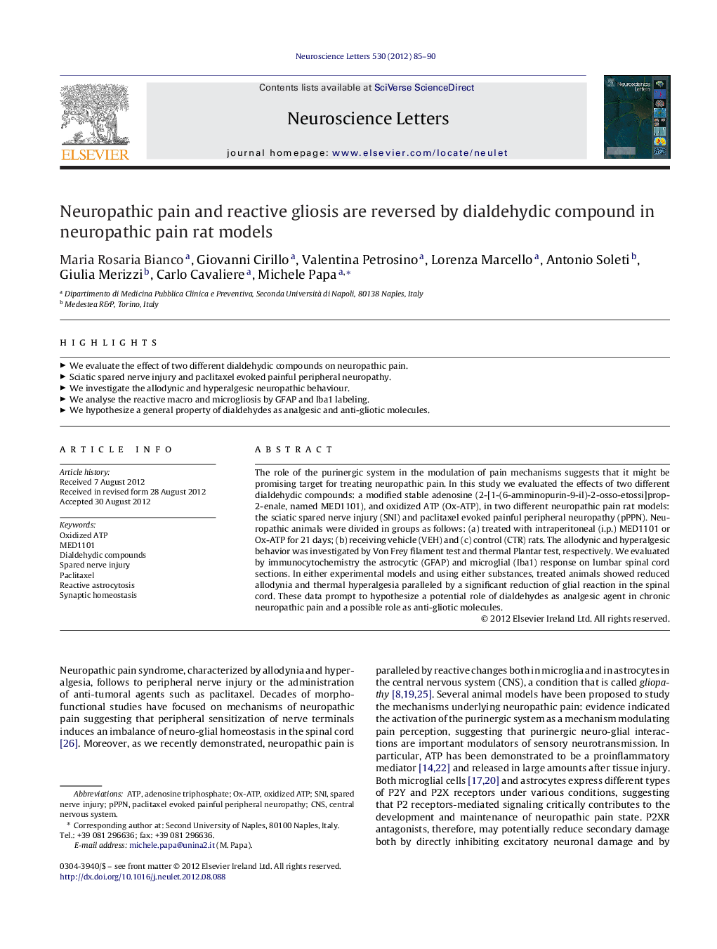 Neuropathic pain and reactive gliosis are reversed by dialdehydic compound in neuropathic pain rat models