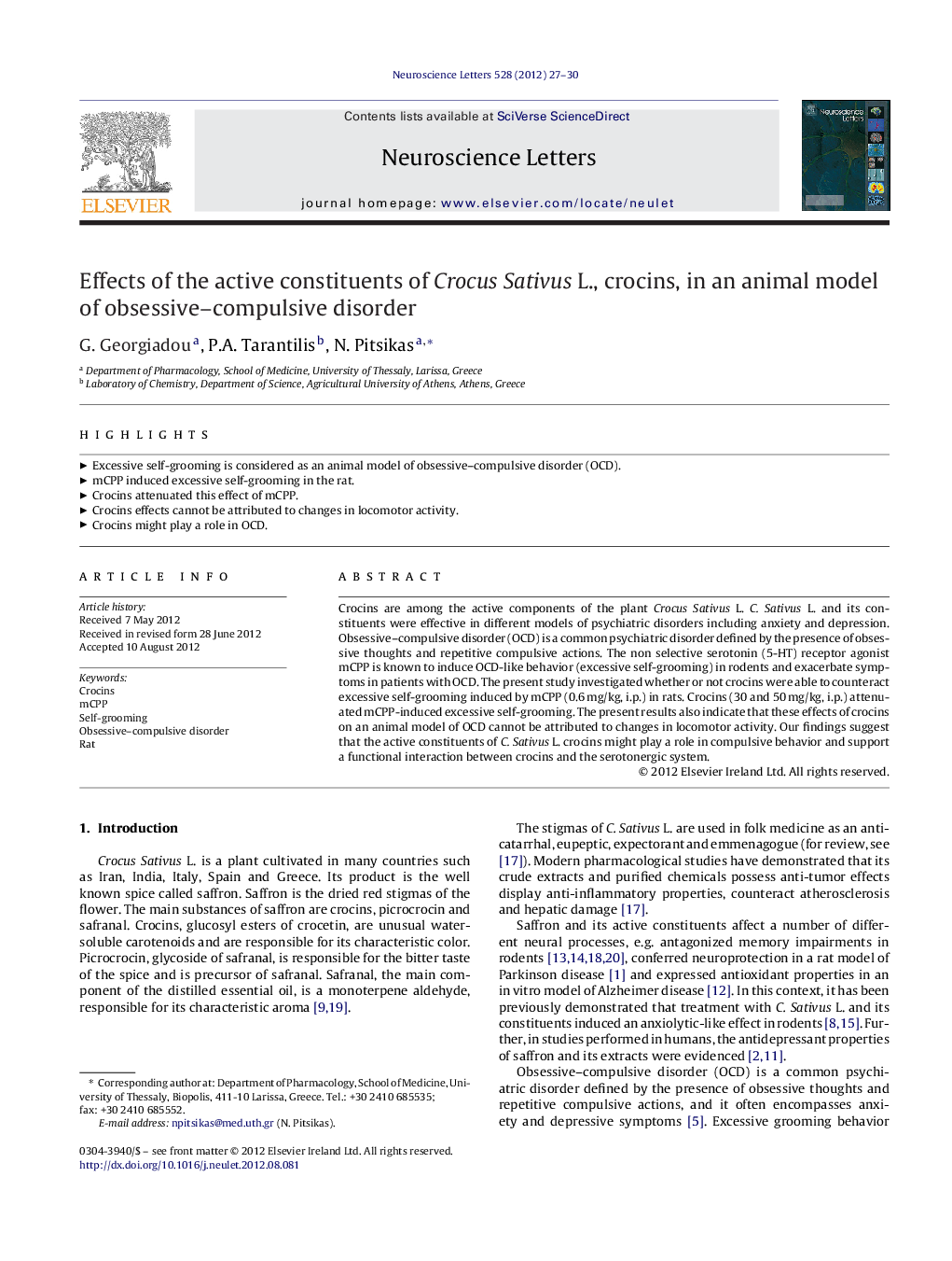 Effects of the active constituents of Crocus Sativus L., crocins, in an animal model of obsessive-compulsive disorder