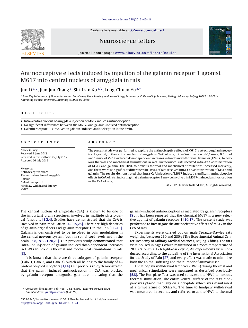 Antinociceptive effects induced by injection of the galanin receptor 1 agonist M617 into central nucleus of amygdala in rats