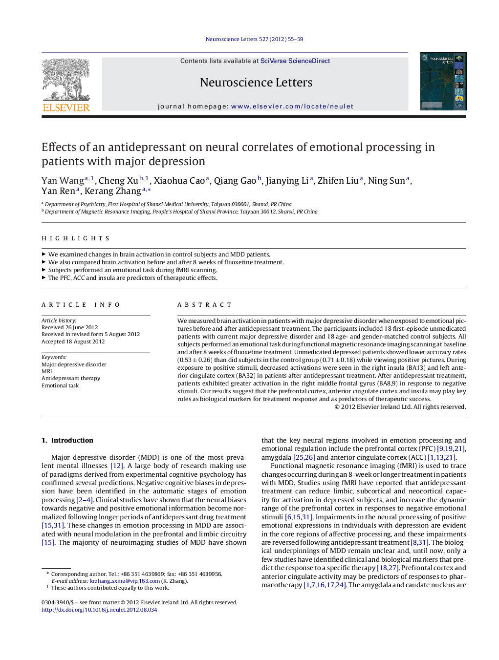 Effects of an antidepressant on neural correlates of emotional processing in patients with major depression