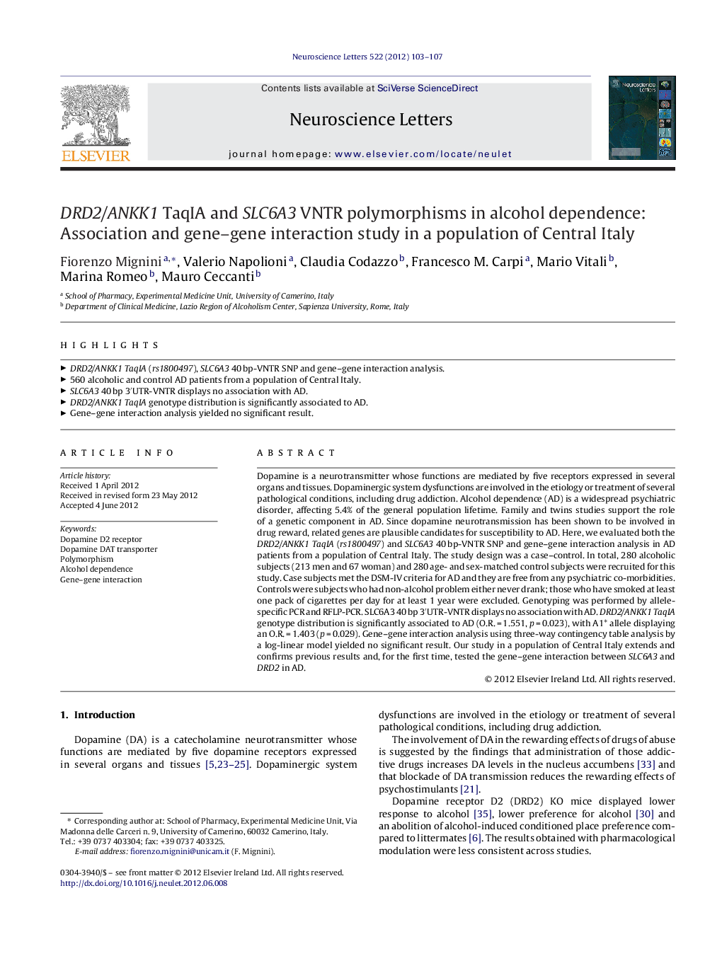 DRD2/ANKK1 TaqIA and SLC6A3 VNTR polymorphisms in alcohol dependence: Association and gene-gene interaction study in a population of Central Italy