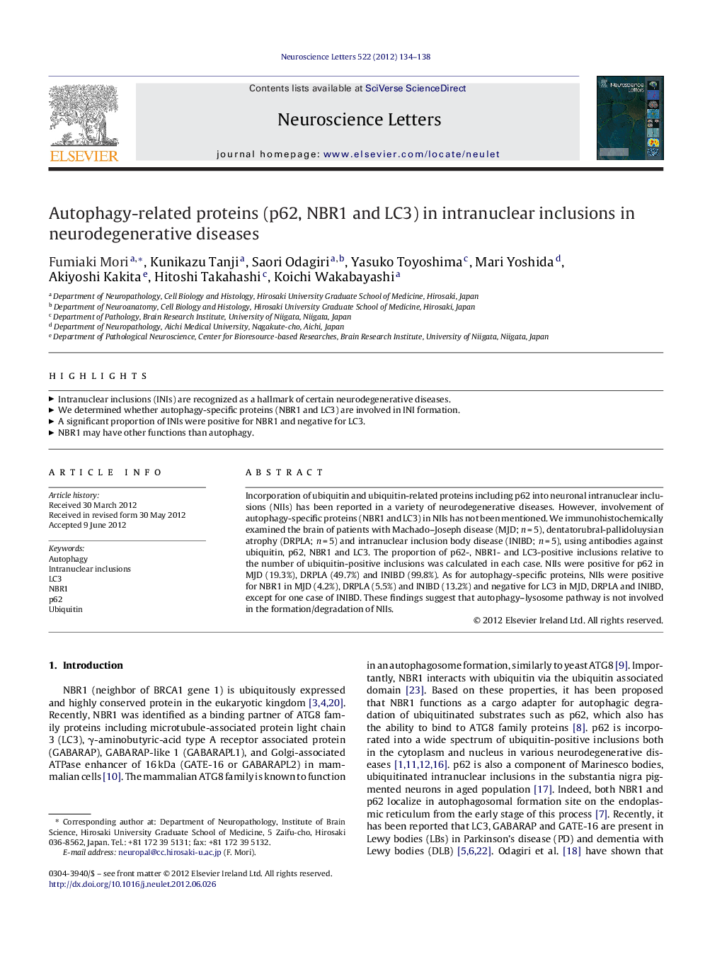 Autophagy-related proteins (p62, NBR1 and LC3) in intranuclear inclusions in neurodegenerative diseases