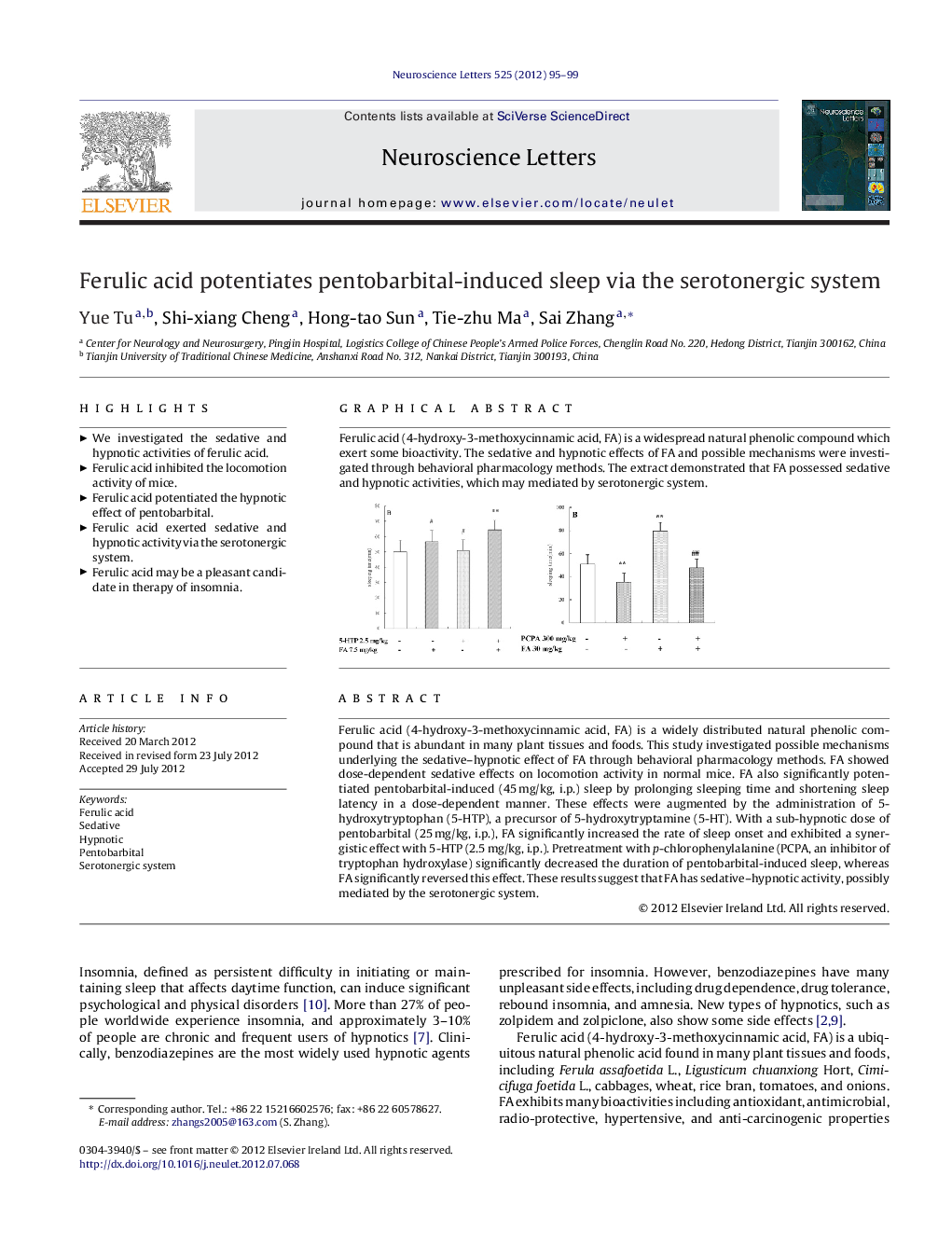 Ferulic acid potentiates pentobarbital-induced sleep via the serotonergic system