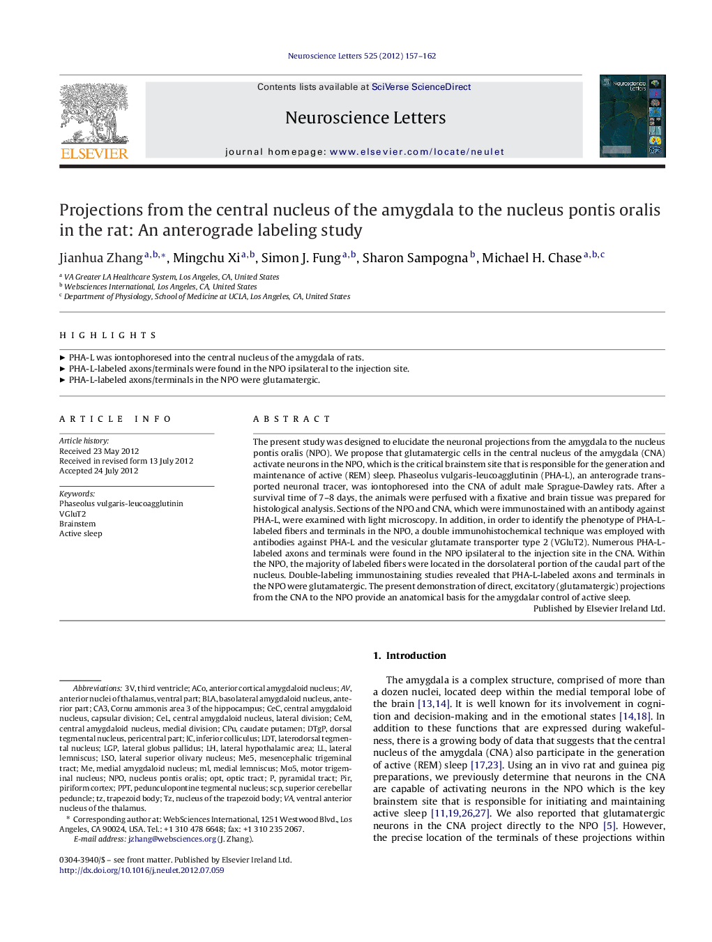 Projections from the central nucleus of the amygdala to the nucleus pontis oralis in the rat: An anterograde labeling study