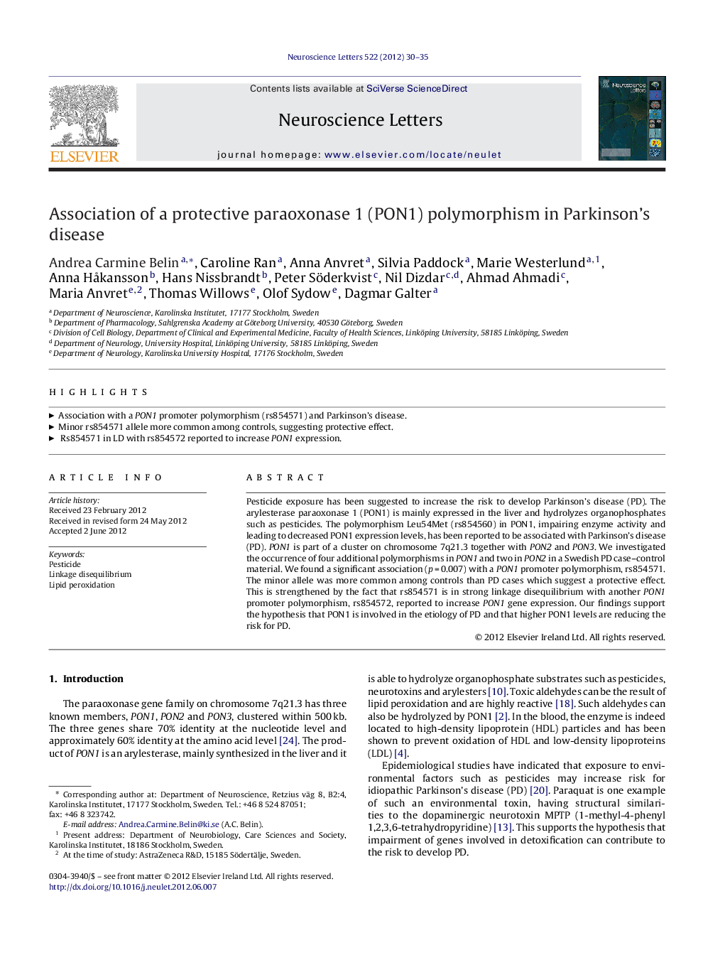 Association of a protective paraoxonase 1 (PON1) polymorphism in Parkinson's disease