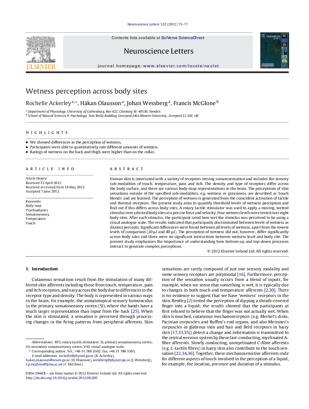 Wetness perception across body sites