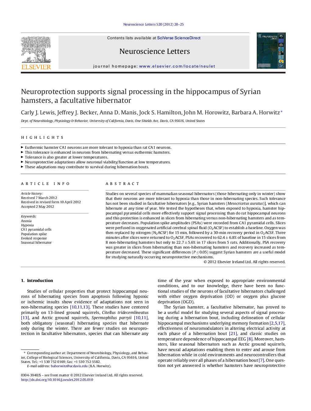 Neuroprotection supports signal processing in the hippocampus of Syrian hamsters, a facultative hibernator