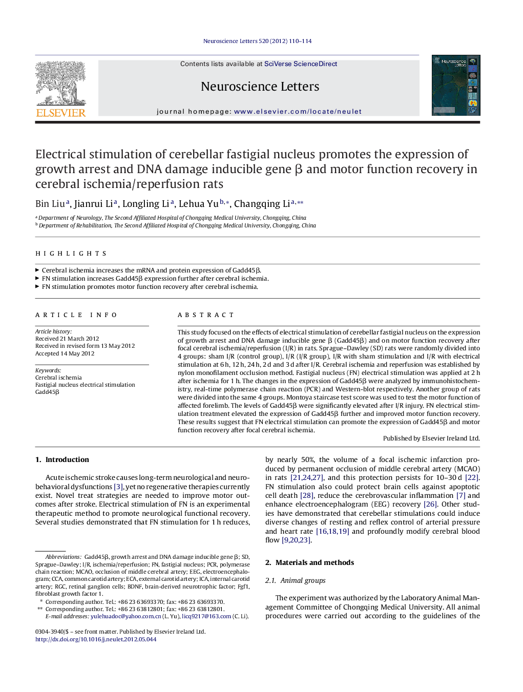 Electrical stimulation of cerebellar fastigial nucleus promotes the expression of growth arrest and DNA damage inducible gene β and motor function recovery in cerebral ischemia/reperfusion rats