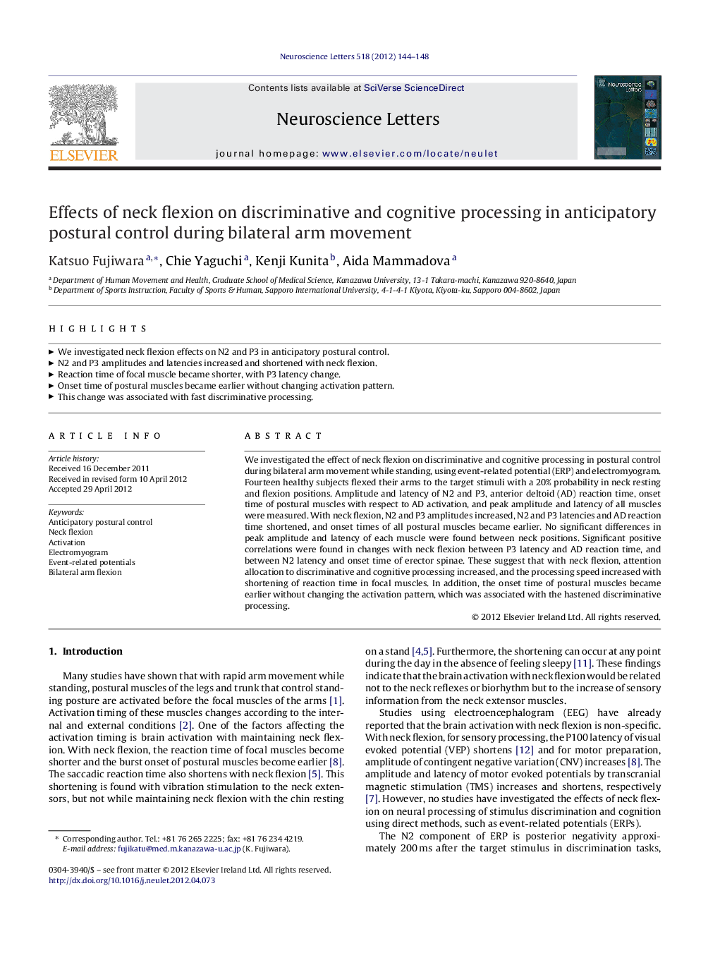 Effects of neck flexion on discriminative and cognitive processing in anticipatory postural control during bilateral arm movement