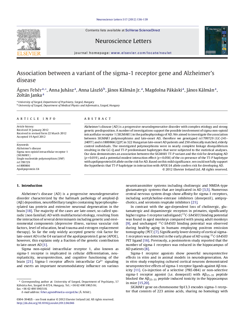 Association between a variant of the sigma-1 receptor gene and Alzheimer's disease