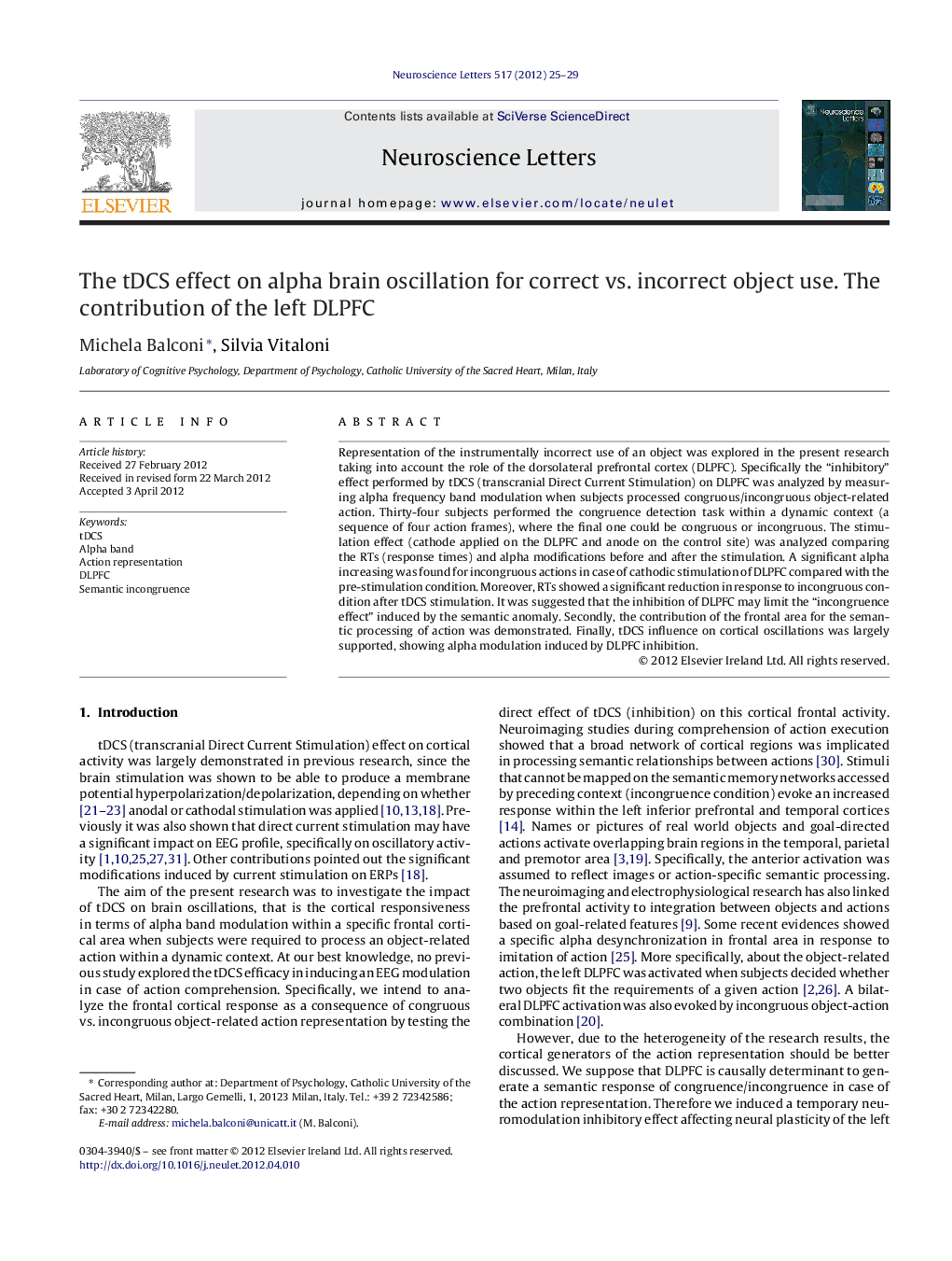 The tDCS effect on alpha brain oscillation for correct vs. incorrect object use. The contribution of the left DLPFC