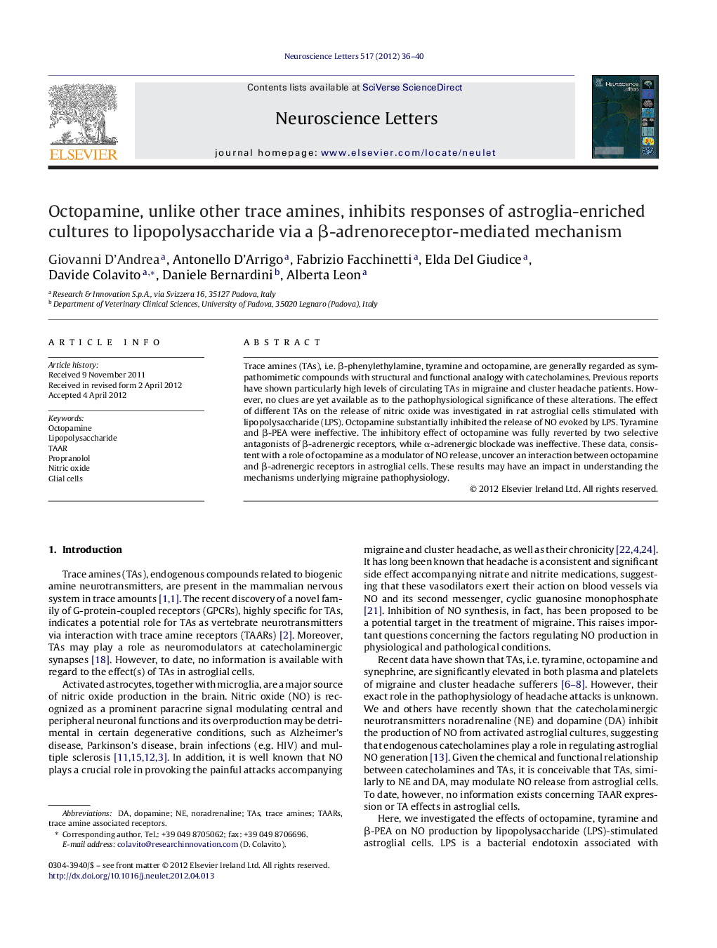 Octopamine, unlike other trace amines, inhibits responses of astroglia-enriched cultures to lipopolysaccharide via a β-adrenoreceptor-mediated mechanism