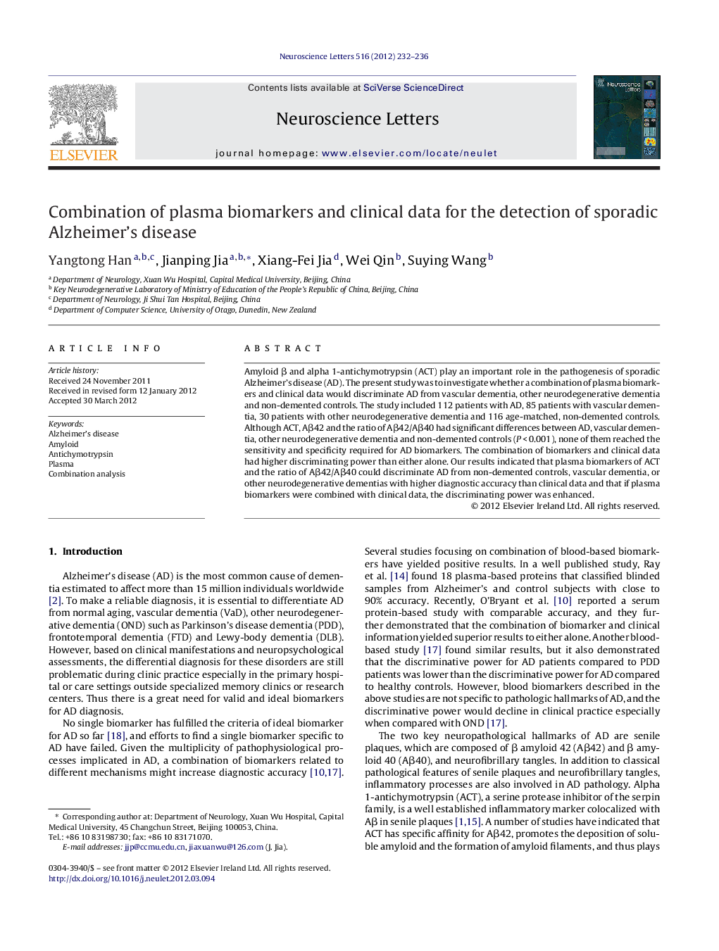 Combination of plasma biomarkers and clinical data for the detection of sporadic Alzheimer's disease