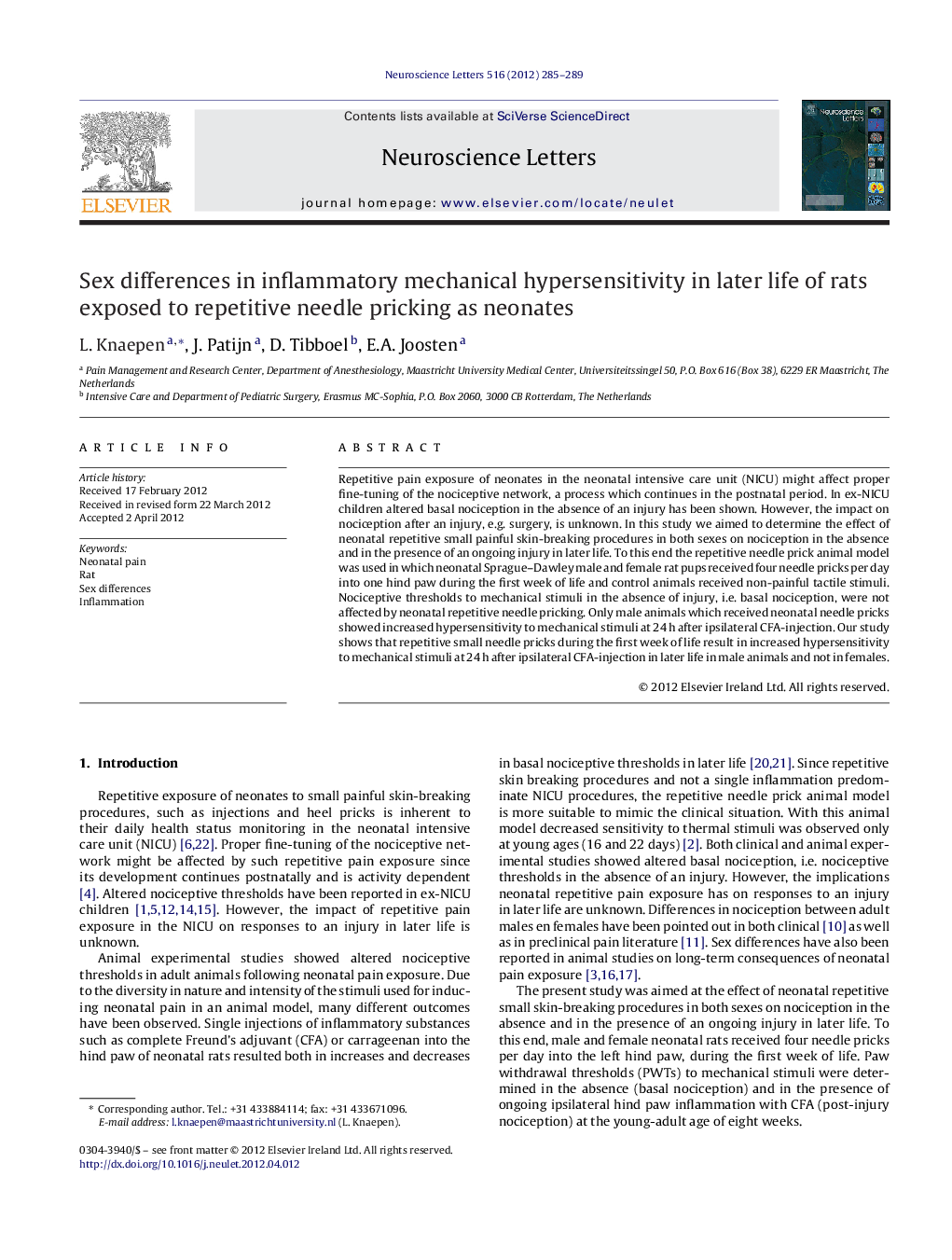 Sex differences in inflammatory mechanical hypersensitivity in later life of rats exposed to repetitive needle pricking as neonates