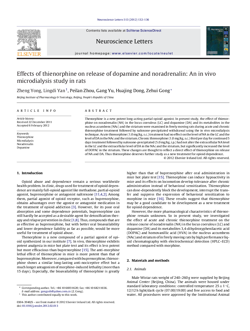 Effects of thienorphine on release of dopamine and noradrenalin: An in vivo microdialysis study in rats