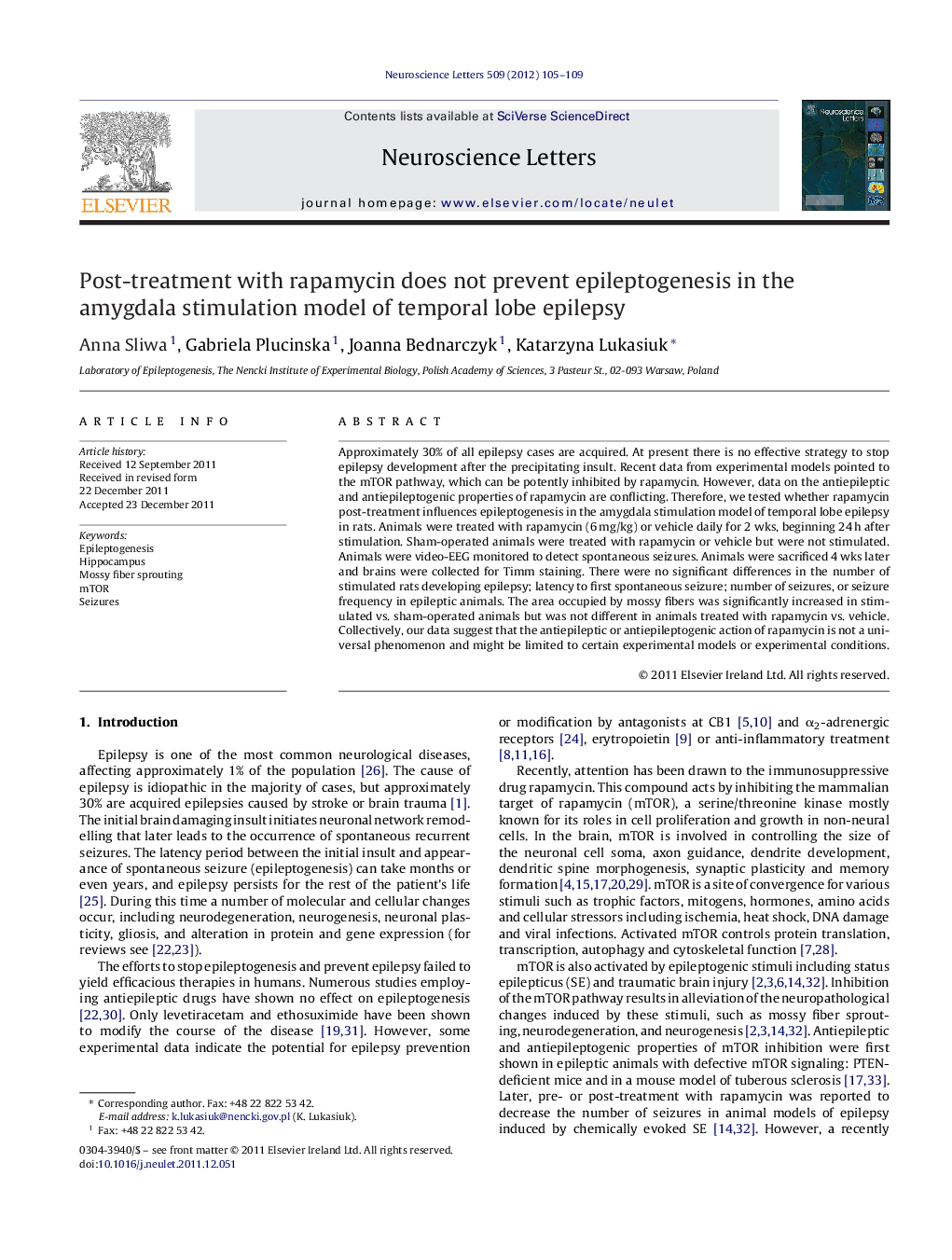 Post-treatment with rapamycin does not prevent epileptogenesis in the amygdala stimulation model of temporal lobe epilepsy