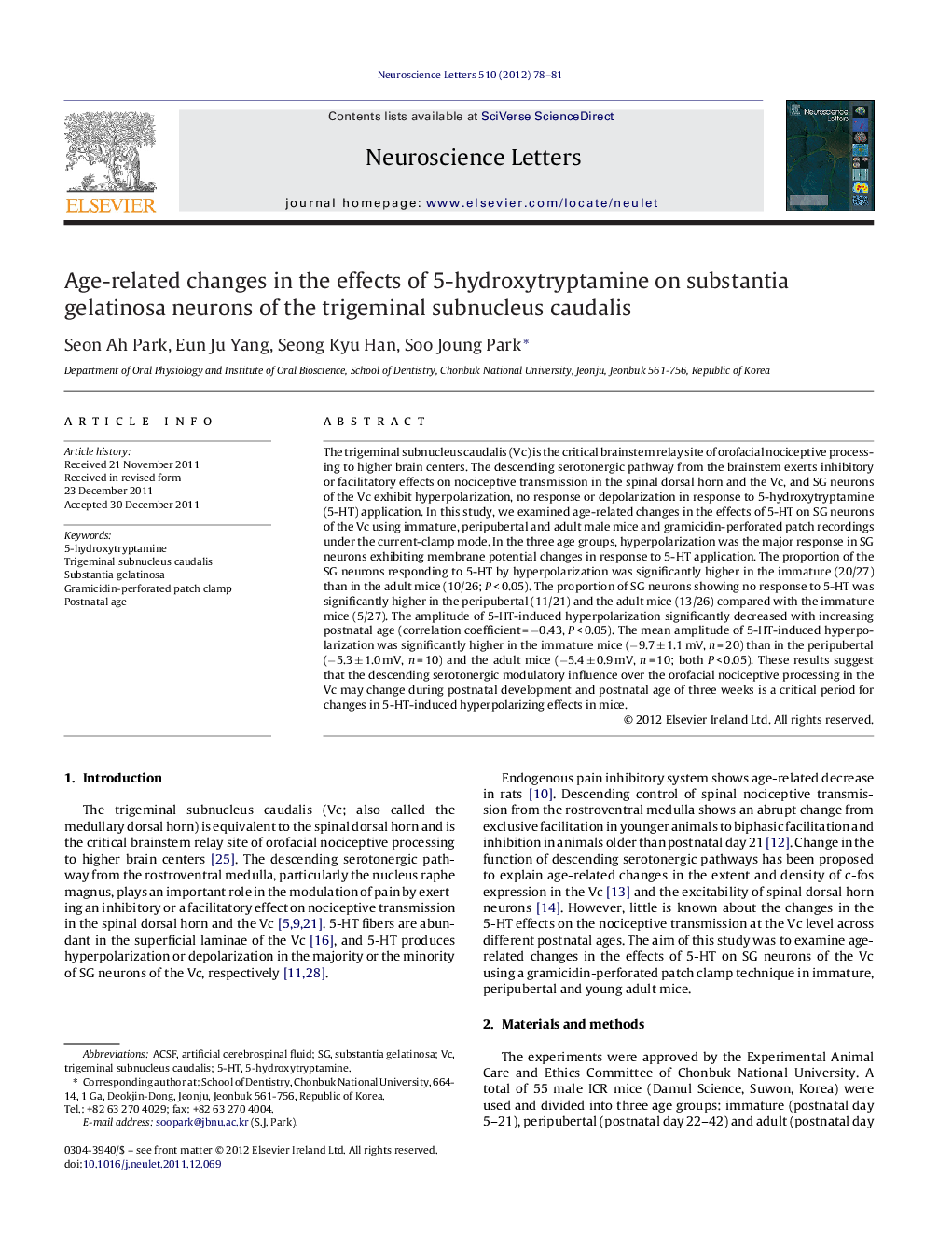 Age-related changes in the effects of 5-hydroxytryptamine on substantia gelatinosa neurons of the trigeminal subnucleus caudalis