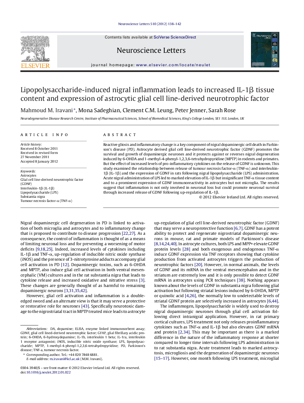 Lipopolysaccharide-induced nigral inflammation leads to increased IL-1β tissue content and expression of astrocytic glial cell line-derived neurotrophic factor