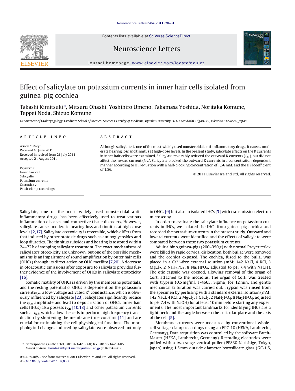 Effect of salicylate on potassium currents in inner hair cells isolated from guinea-pig cochlea