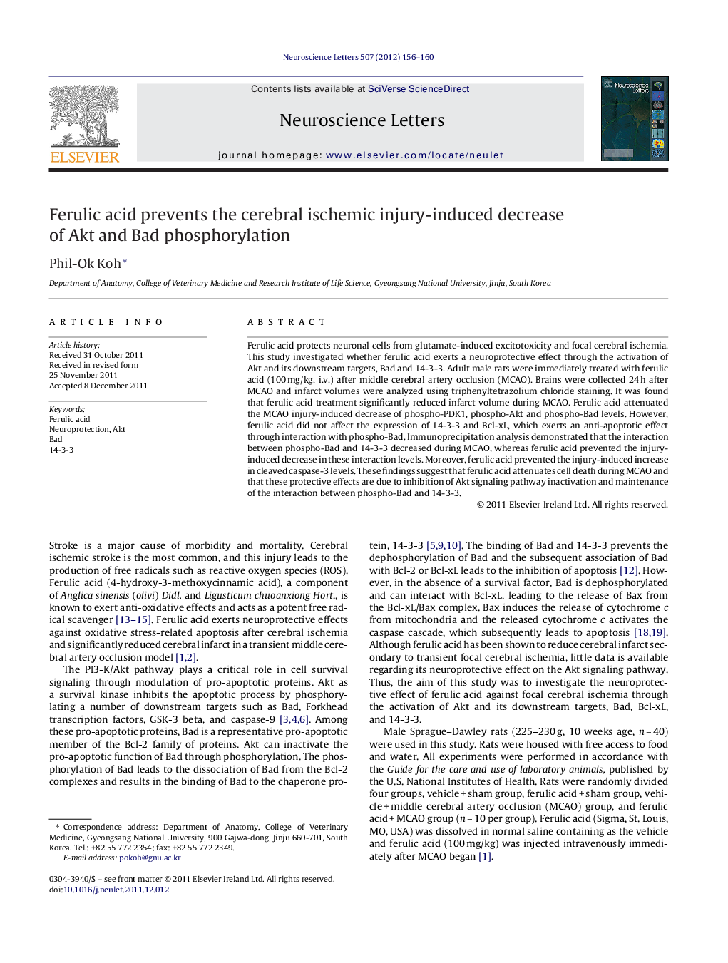 Ferulic acid prevents the cerebral ischemic injury-induced decrease of Akt and Bad phosphorylation