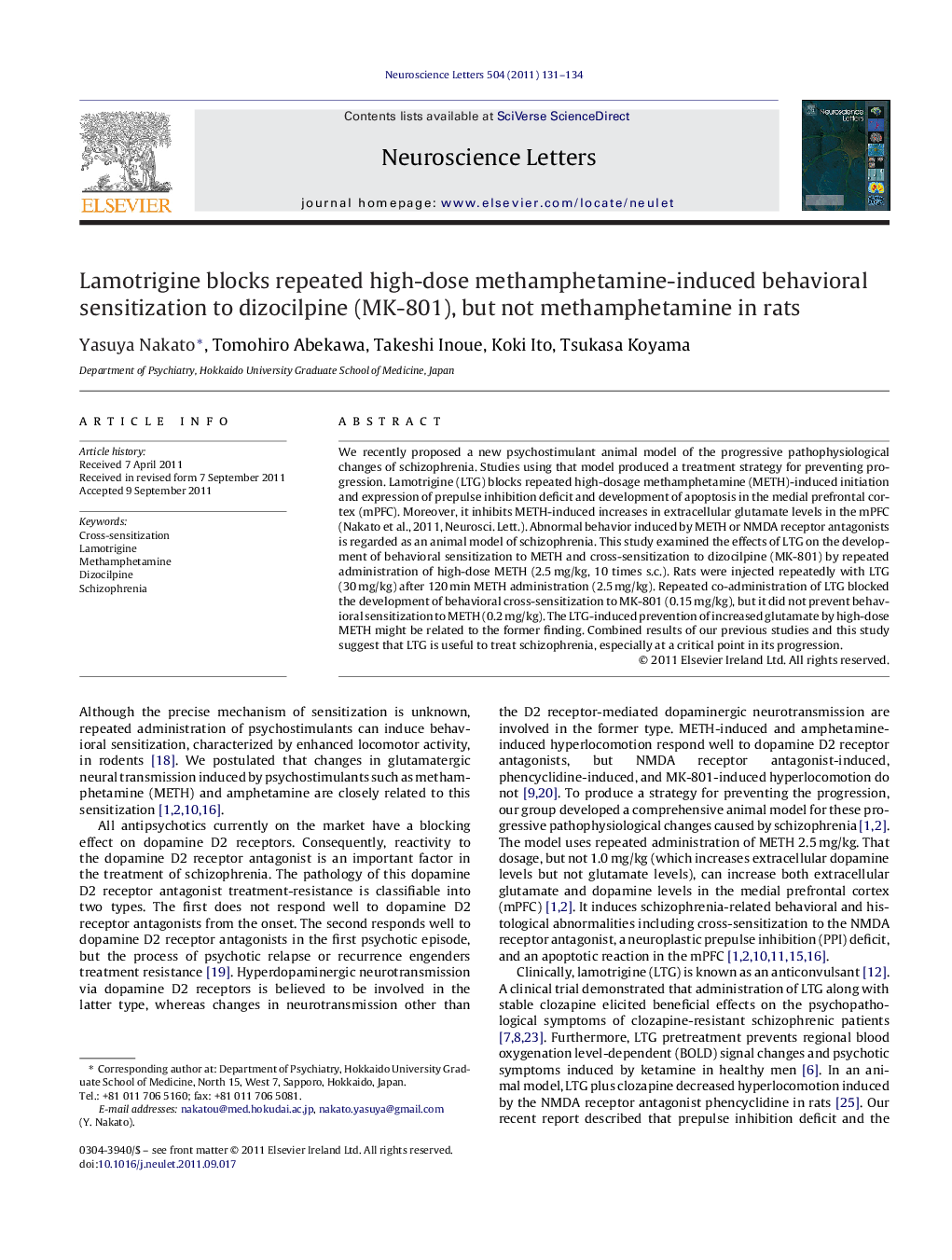 Lamotrigine blocks repeated high-dose methamphetamine-induced behavioral sensitization to dizocilpine (MK-801), but not methamphetamine in rats