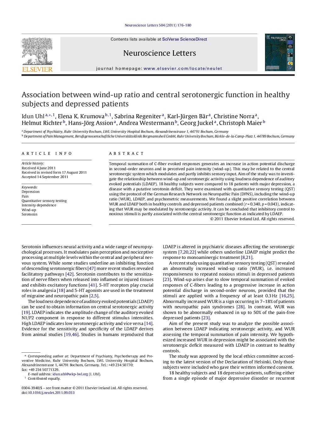 Association between wind-up ratio and central serotonergic function in healthy subjects and depressed patients