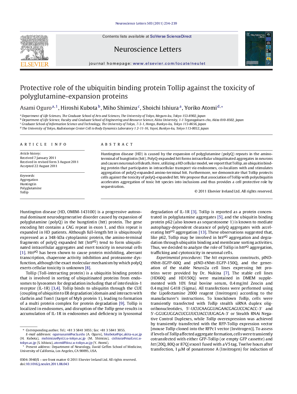 Protective role of the ubiquitin binding protein Tollip against the toxicity of polyglutamine-expansion proteins