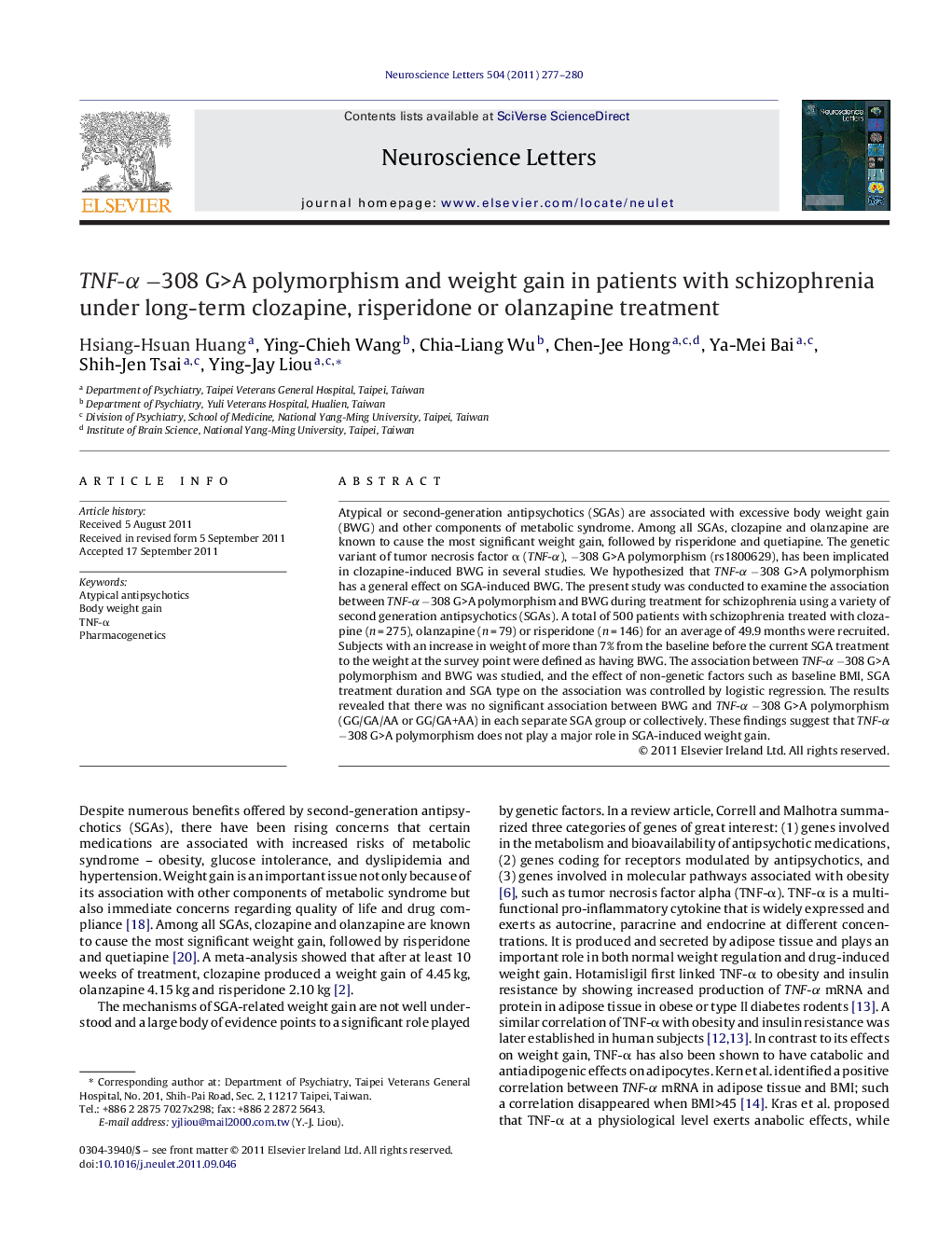 TNF-α −308 G>A polymorphism and weight gain in patients with schizophrenia under long-term clozapine, risperidone or olanzapine treatment