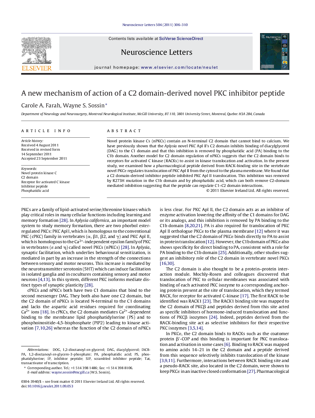 A new mechanism of action of a C2 domain-derived novel PKC inhibitor peptide