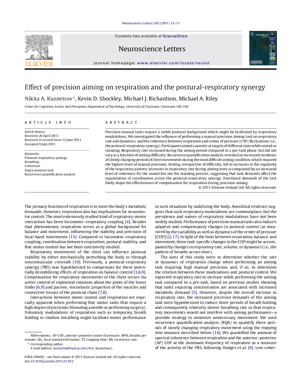 Effect of precision aiming on respiration and the postural-respiratory synergy