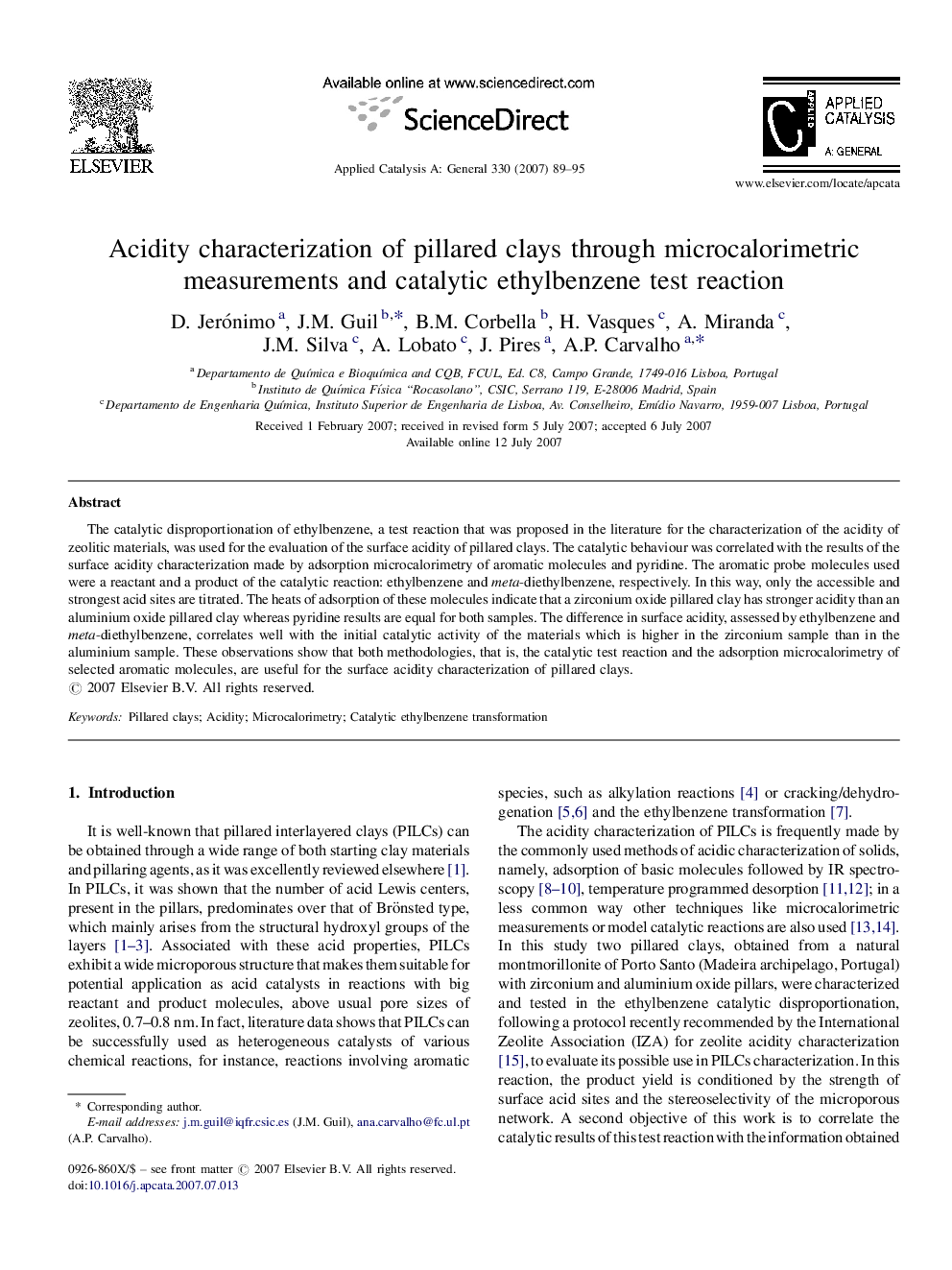 Acidity characterization of pillared clays through microcalorimetric measurements and catalytic ethylbenzene test reaction