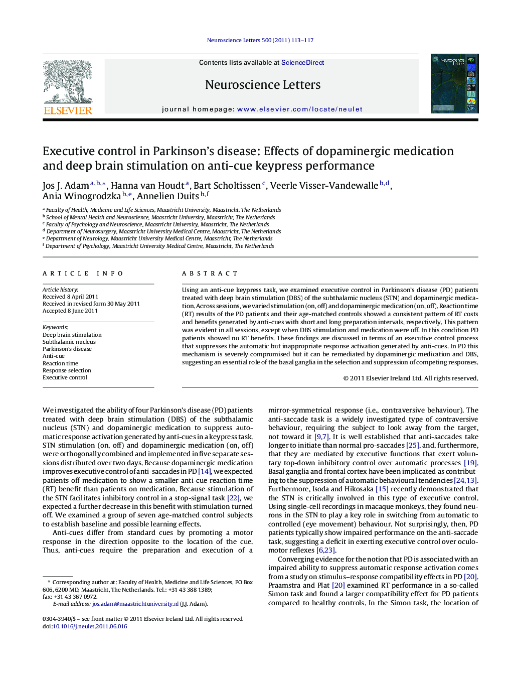 Executive control in Parkinson's disease: Effects of dopaminergic medication and deep brain stimulation on anti-cue keypress performance