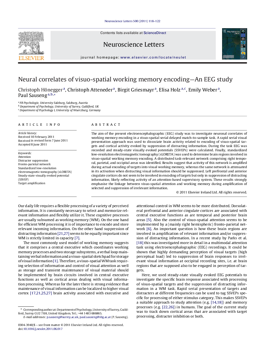 Neural correlates of visuo-spatial working memory encoding—An EEG study