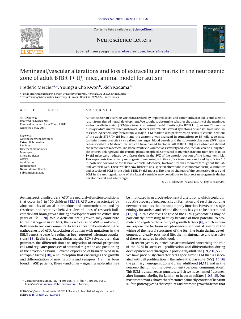 Meningeal/vascular alterations and loss of extracellular matrix in the neurogenic zone of adult BTBR T+ tf/J mice, animal model for autism