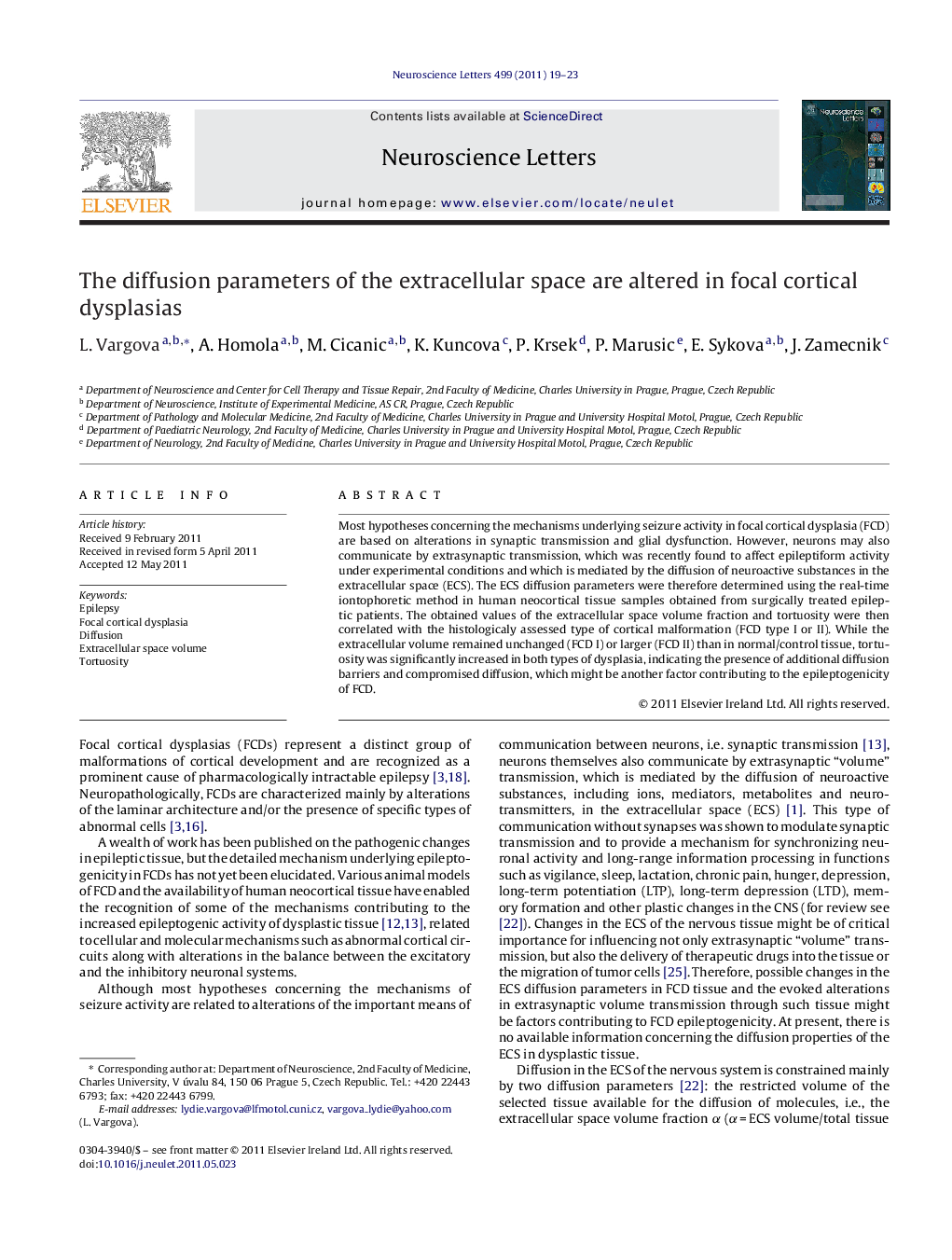 The diffusion parameters of the extracellular space are altered in focal cortical dysplasias