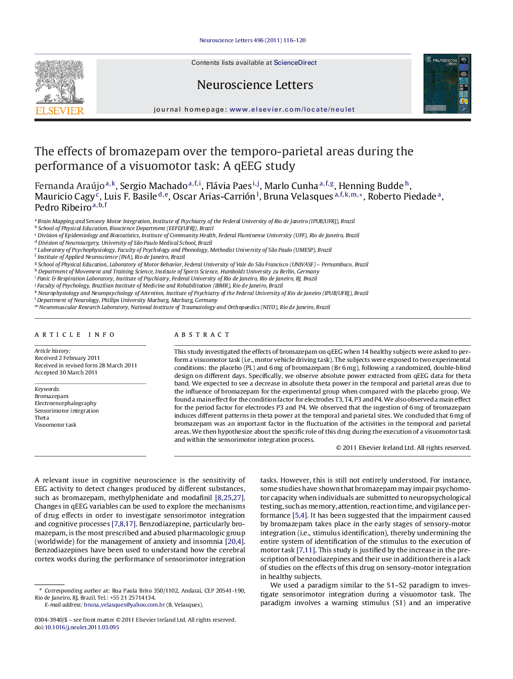 The effects of bromazepam over the temporo-parietal areas during the performance of a visuomotor task: A qEEG study