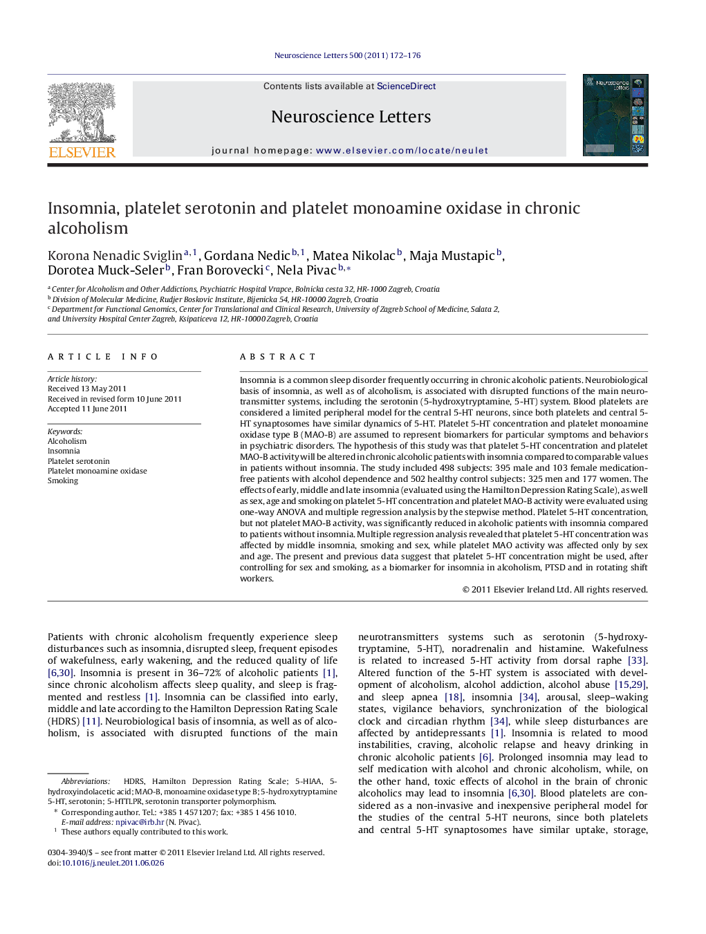 Insomnia, platelet serotonin and platelet monoamine oxidase in chronic alcoholism